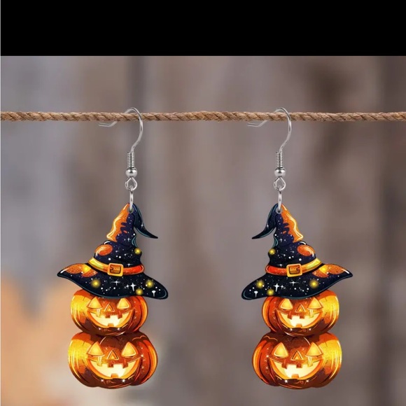 Jewelry - Earrings, NWT, Acrylic, Stainless Steel Posts, Day Of Dead Wizard Hat Pumpkin